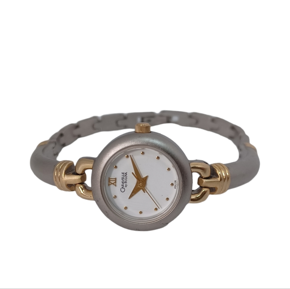 Caravelle by Bulova Womens Petite Two-Tone Watch, Silver Dial, Steel Gold Band
